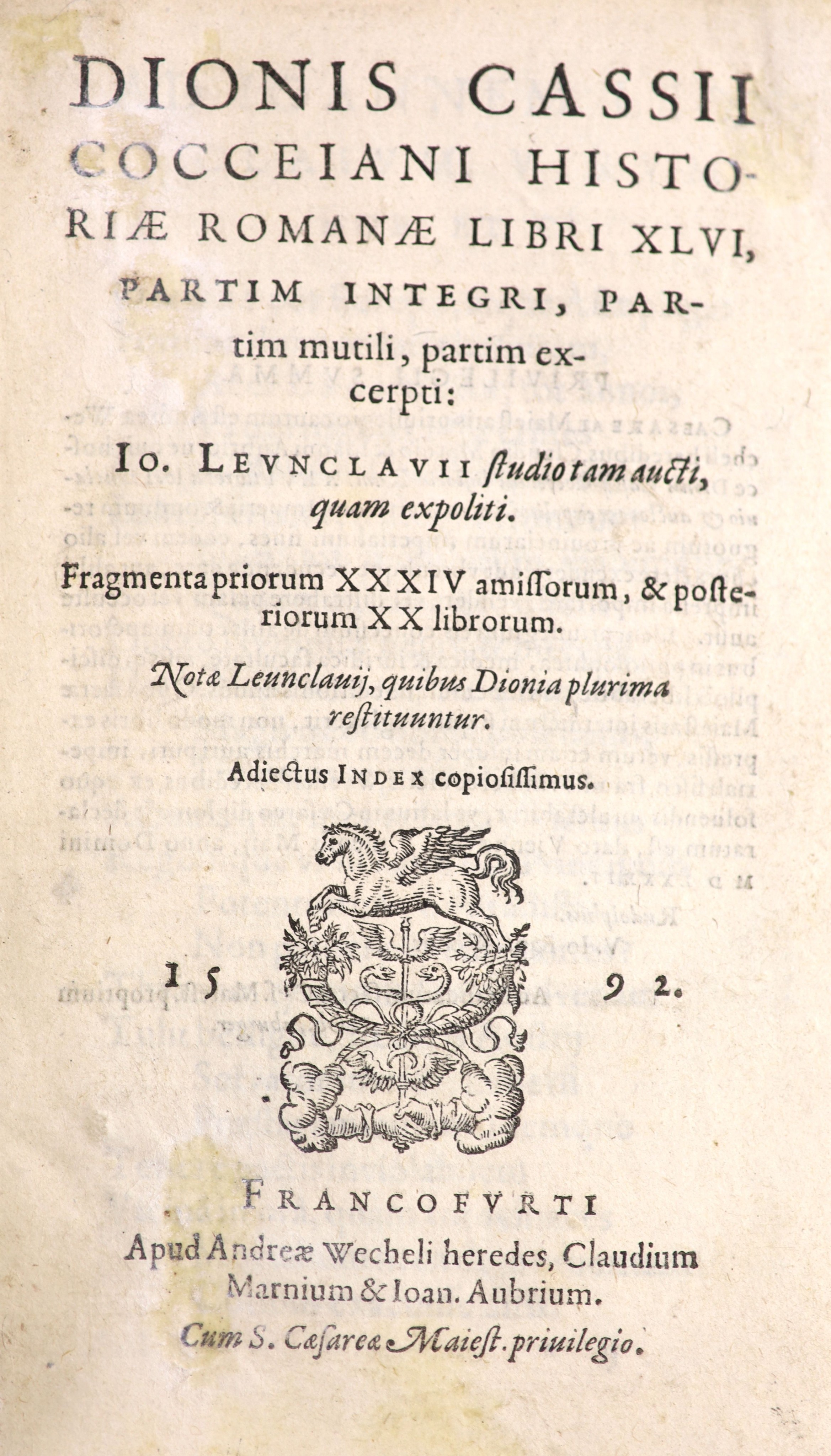 Cassius Dio Cocceiani - Dionis Cassii Cocceiani Historiae Romanae Libri XLVI, Partim Integri, Partim Multili, Partim Excerpti, 8vo,